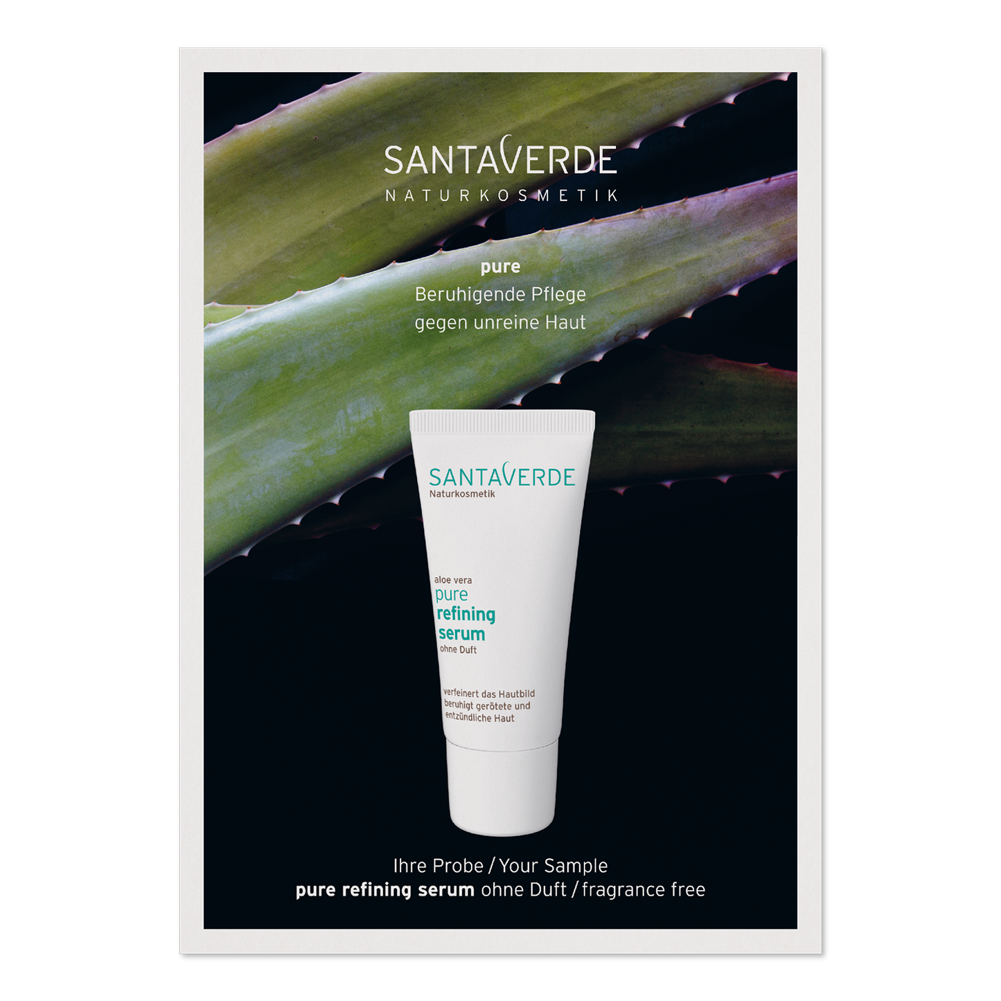 Sampel Santaverde Aloe Vera Pure refining serum fragrance free, lõhnavaba seerum probleemsele ja vistrikulisele nahale