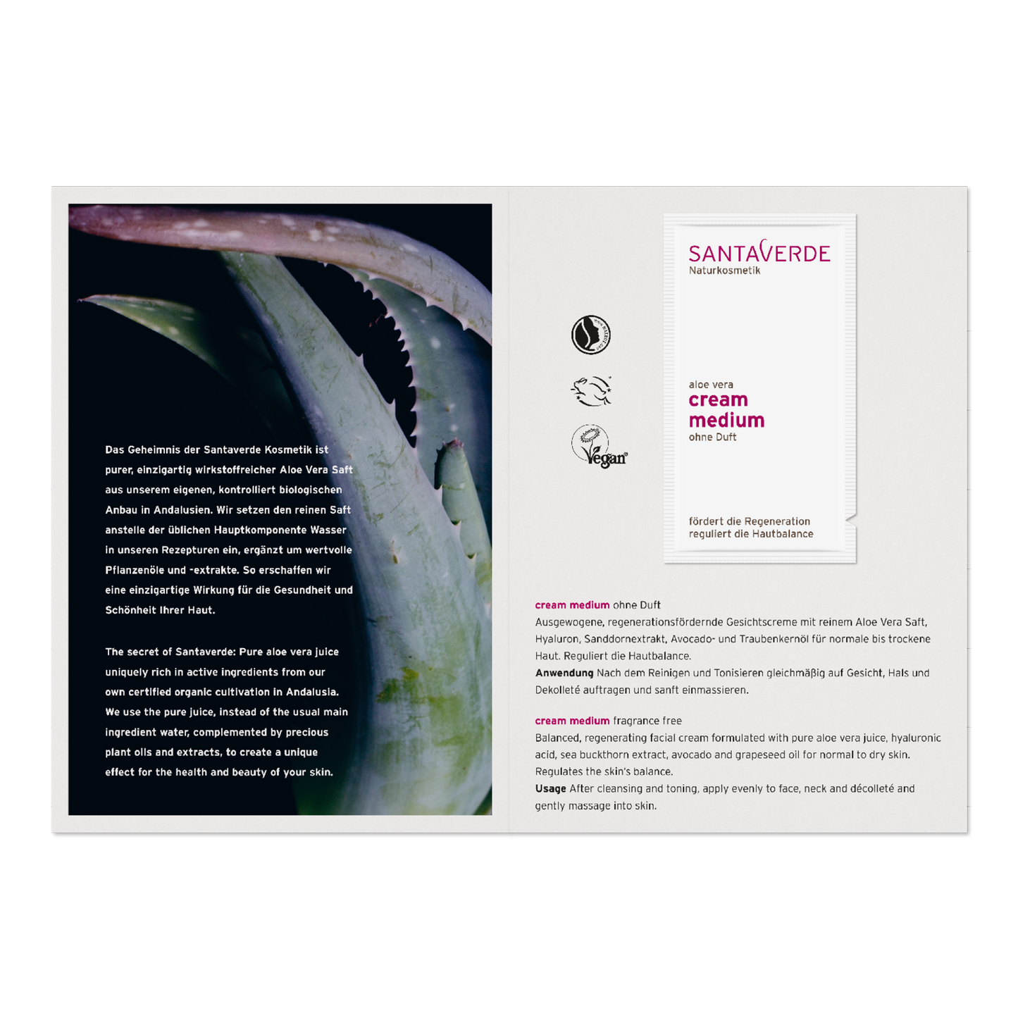 Sampel Santaverde Aloe vera cream medium fragrance free, lõhnavaba näokreem taastav normaalsele ja kuivale nahale