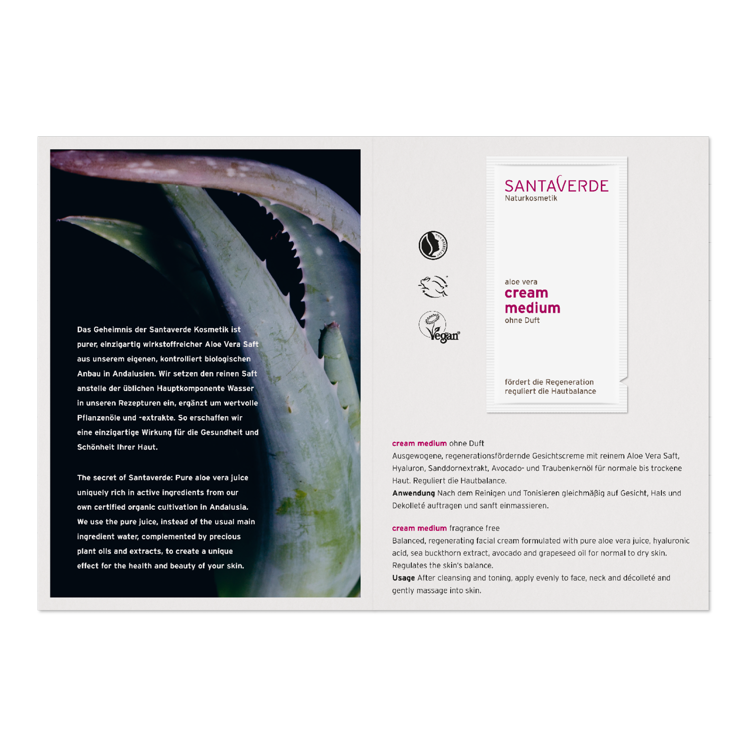 Sampel Santaverde Aloe vera cream medium fragrance free, lõhnavaba näokreem taastav normaalsele ja kuivale nahale